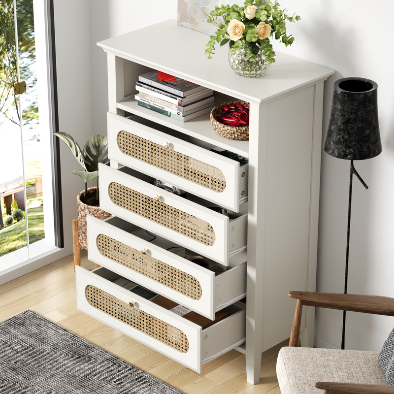 Buffet haut blanc laqué en rotin, pieds en bois TRILUNS