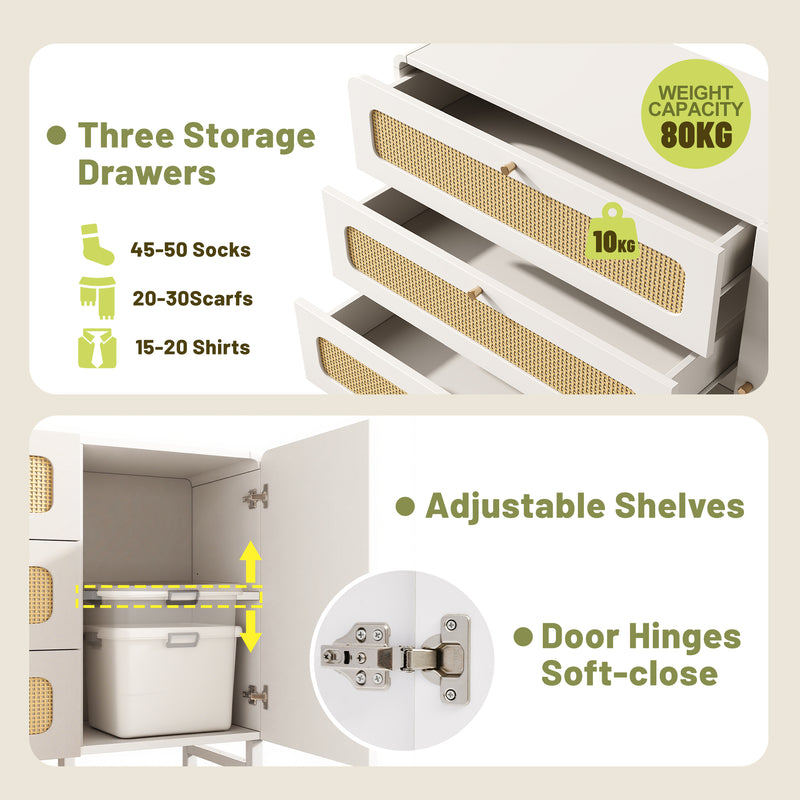 Buffet blanc et portes en rotin tissé, 3 tiroirs, 1 porte et pieds en métal TURION