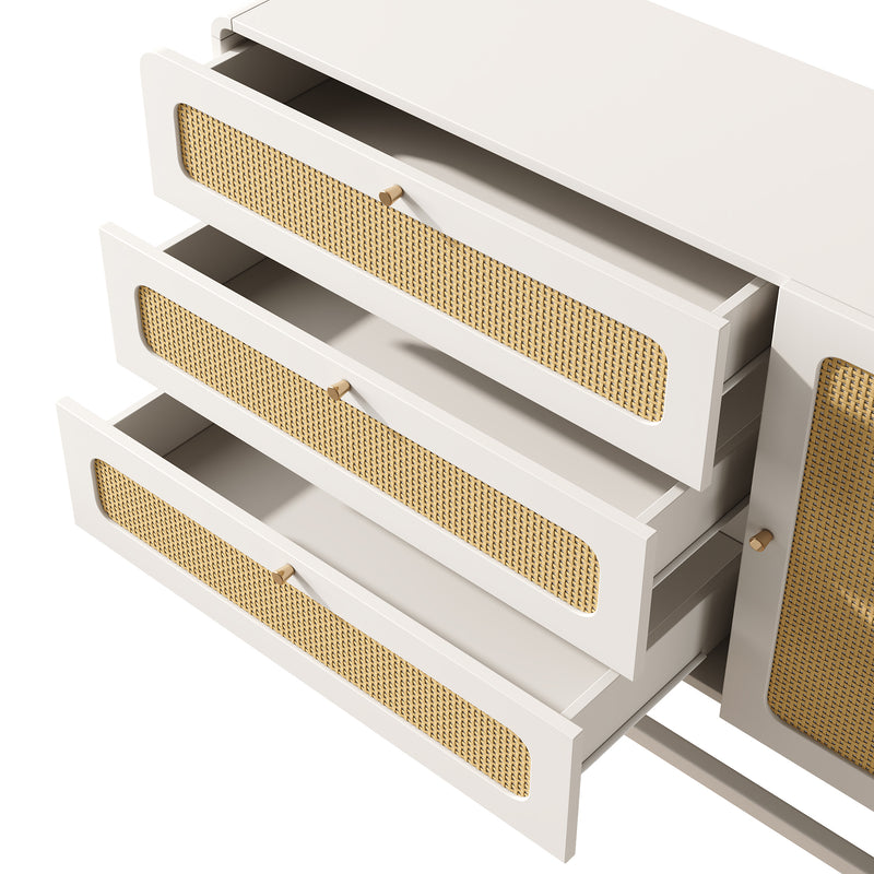 Buffet blanc et portes en rotin tissé, 3 tiroirs, 1 porte et pieds en métal TURION