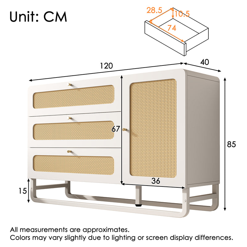 Buffet blanc et portes en rotin tissé, 3 tiroirs, 1 porte et pieds en métal TURION