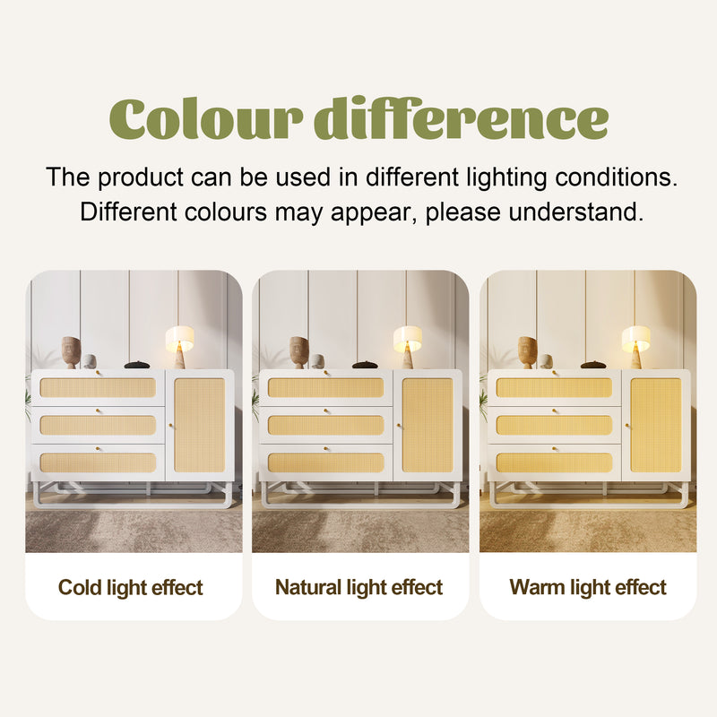 Buffet blanc et portes en rotin tissé, 3 tiroirs, 1 porte et pieds en métal TURION