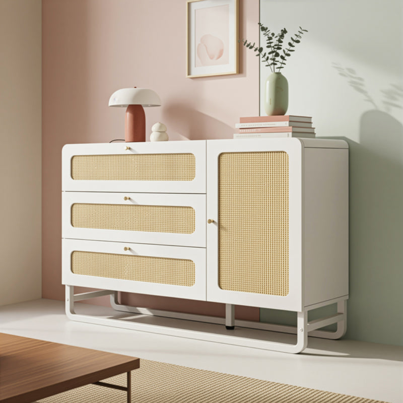 Buffet blanc et portes en rotin tissé, 3 tiroirs, 1 porte et pieds en métal TURION