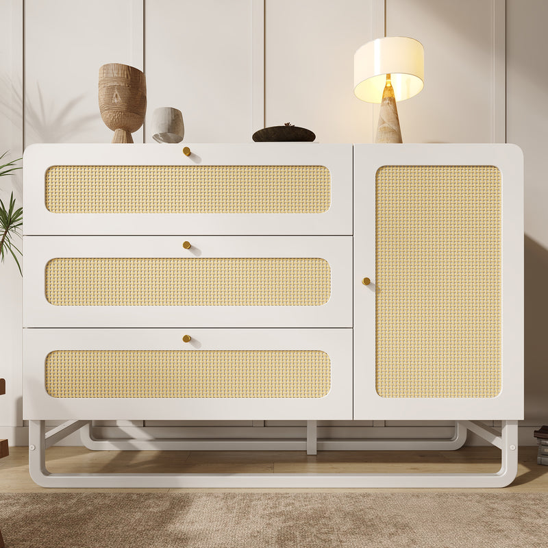 Buffet blanc et portes en rotin tissé, 3 tiroirs, 1 porte et pieds en métal TURION