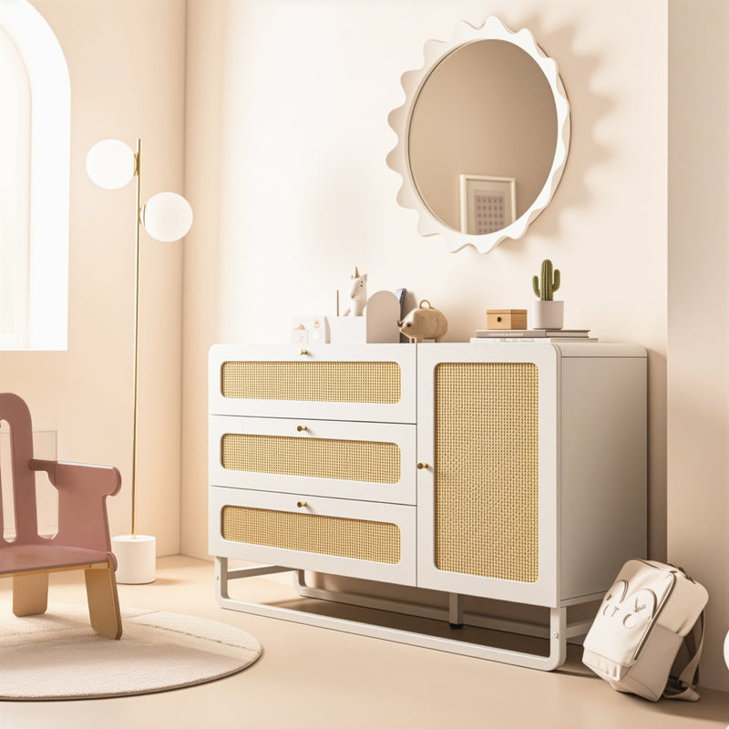 Buffet blanc et portes en rotin tissé, 3 tiroirs, 1 porte et pieds en métal TURION