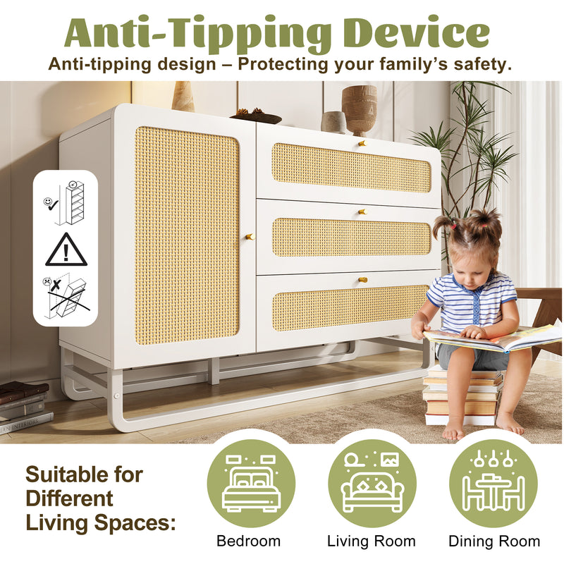 Buffet blanc et portes en rotin tissé, 3 tiroirs, 1 porte et pieds en métal TURION