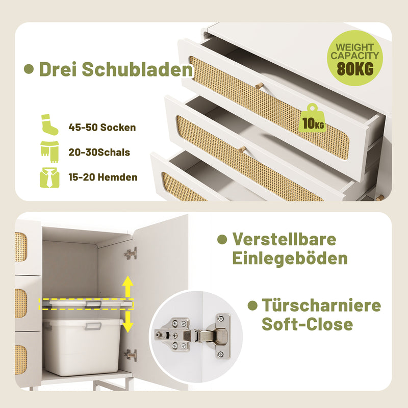 Buffet blanc et portes en rotin tissé, 3 tiroirs, 1 porte et pieds en métal TURION