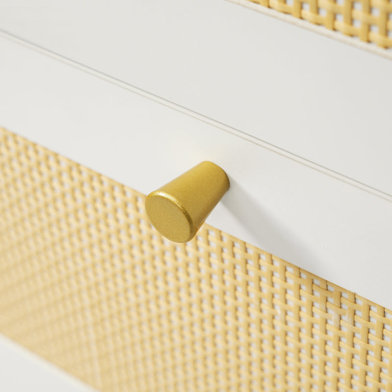 Buffet blanc et portes en rotin tissé, 3 tiroirs, 1 porte et pieds en métal TURION