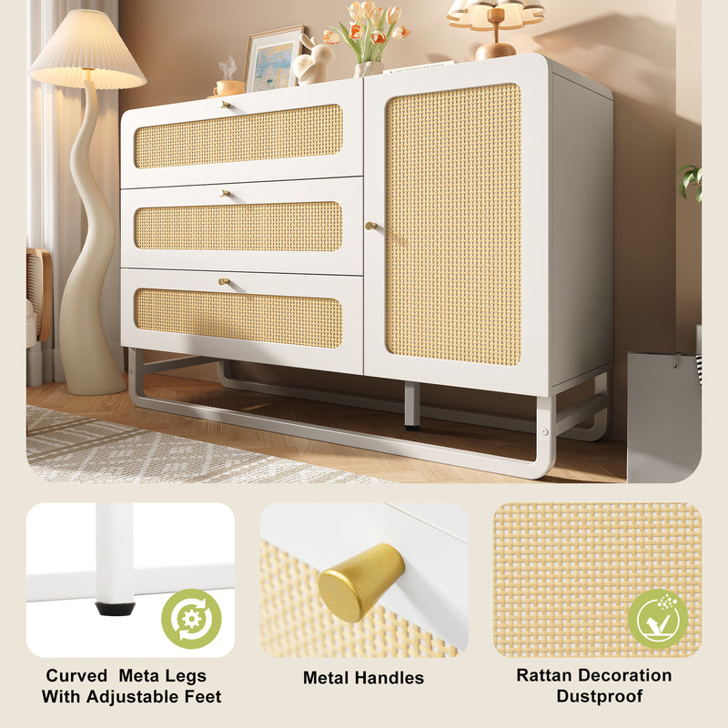 Buffet blanc et portes en rotin tissé, 3 tiroirs, 1 porte et pieds en métal TURION