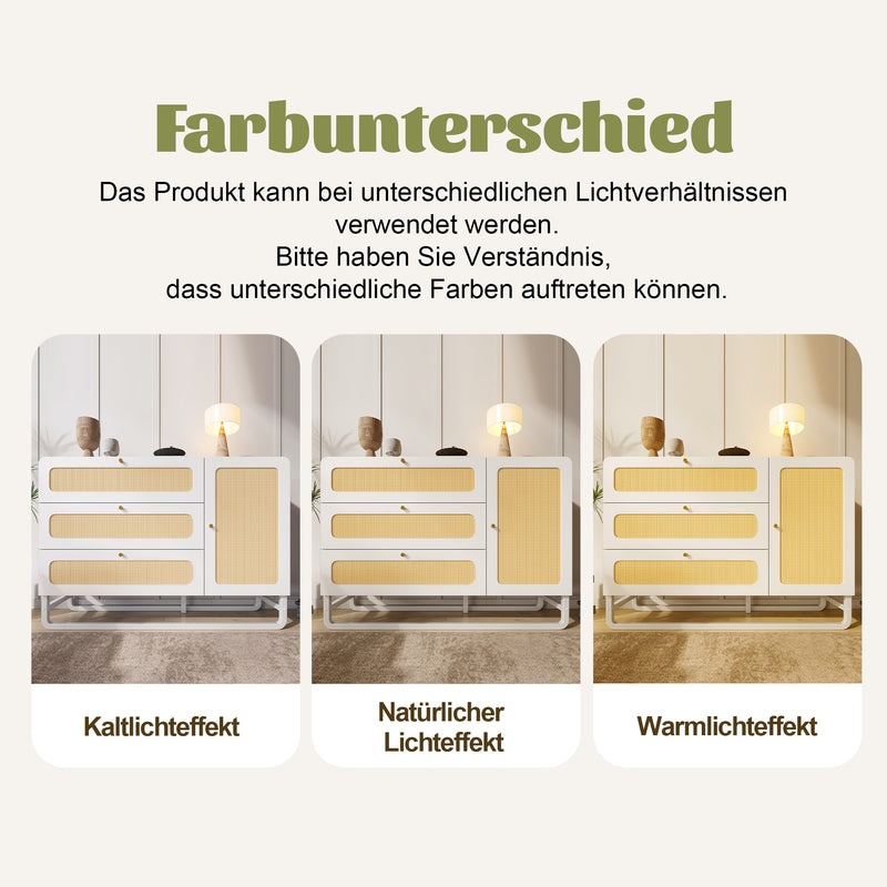 Buffet blanc et portes en rotin tissé, 3 tiroirs, 1 porte et pieds en métal TURION