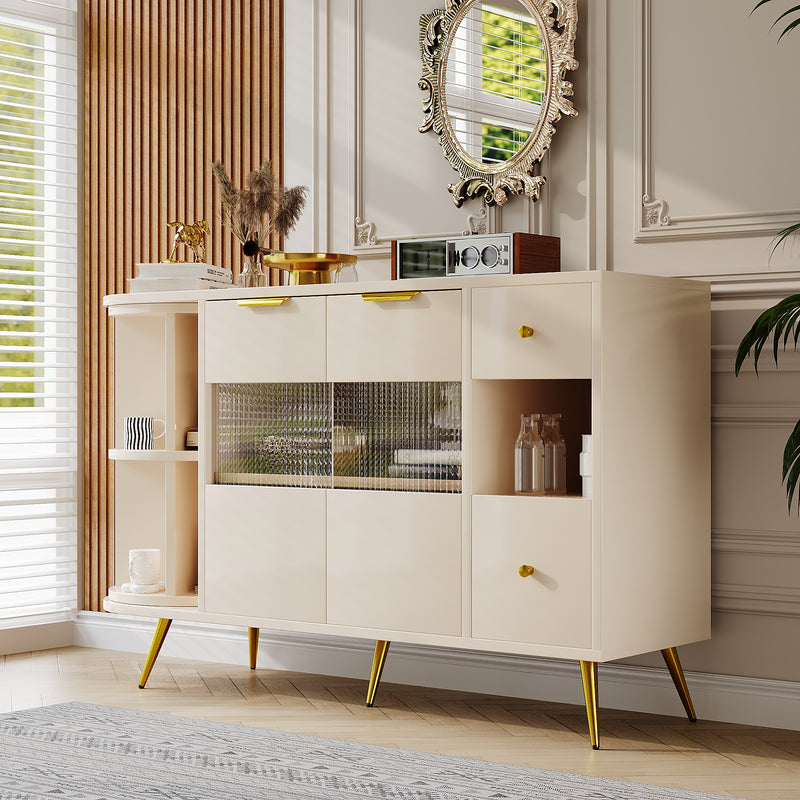 Buffet armoires de rangement blanc cassé avec 2 portes battantes en verre éclairage LED poignets et pieds dorés RIPHRENS BEIGE