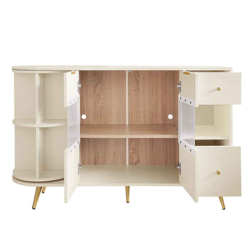 Buffet armoires de rangement blanc cassé avec 2 portes battantes en verre éclairage LED poignets et pieds dorés RIPHRENS BEIGE