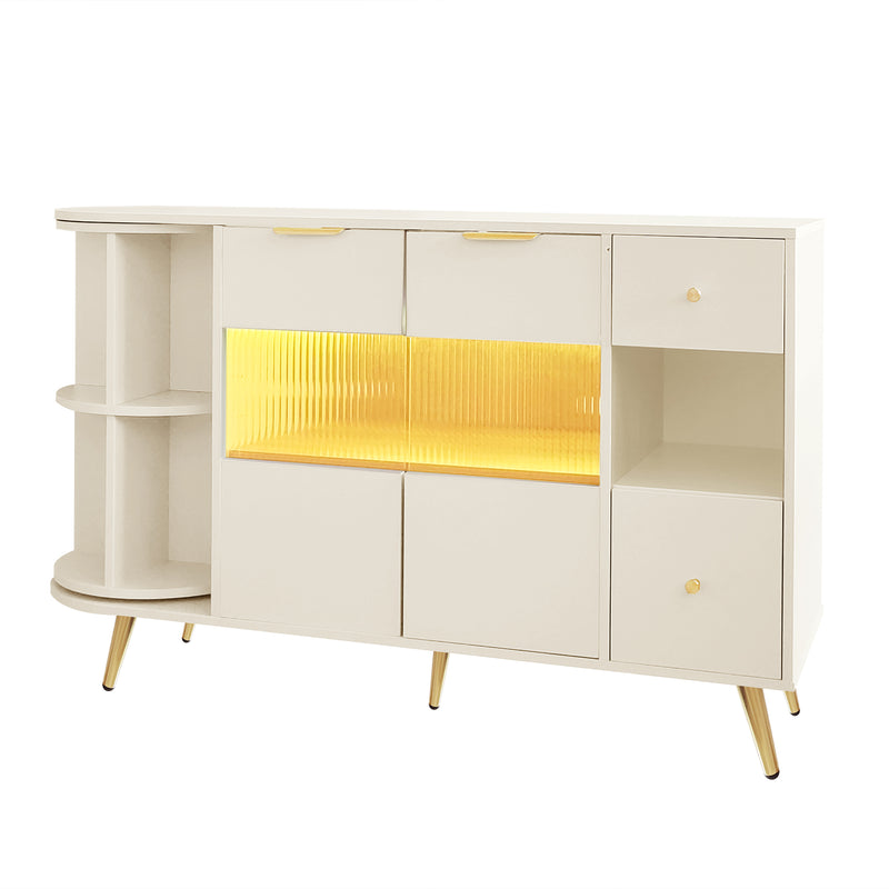 Buffet armoires de rangement blanc cassé avec 2 portes battantes en verre éclairage LED poignets et pieds dorés RIPHRENS BEIGE