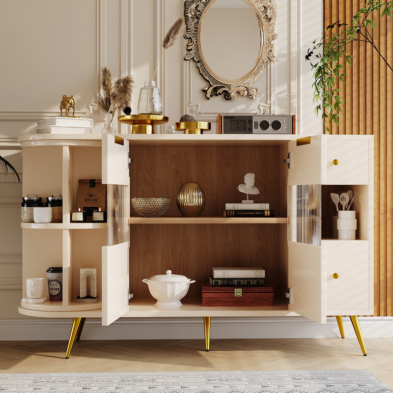 Buffet armoires de rangement blanc cassé avec 2 portes battantes en verre éclairage LED poignets et pieds dorés RIPHRENS BEIGE