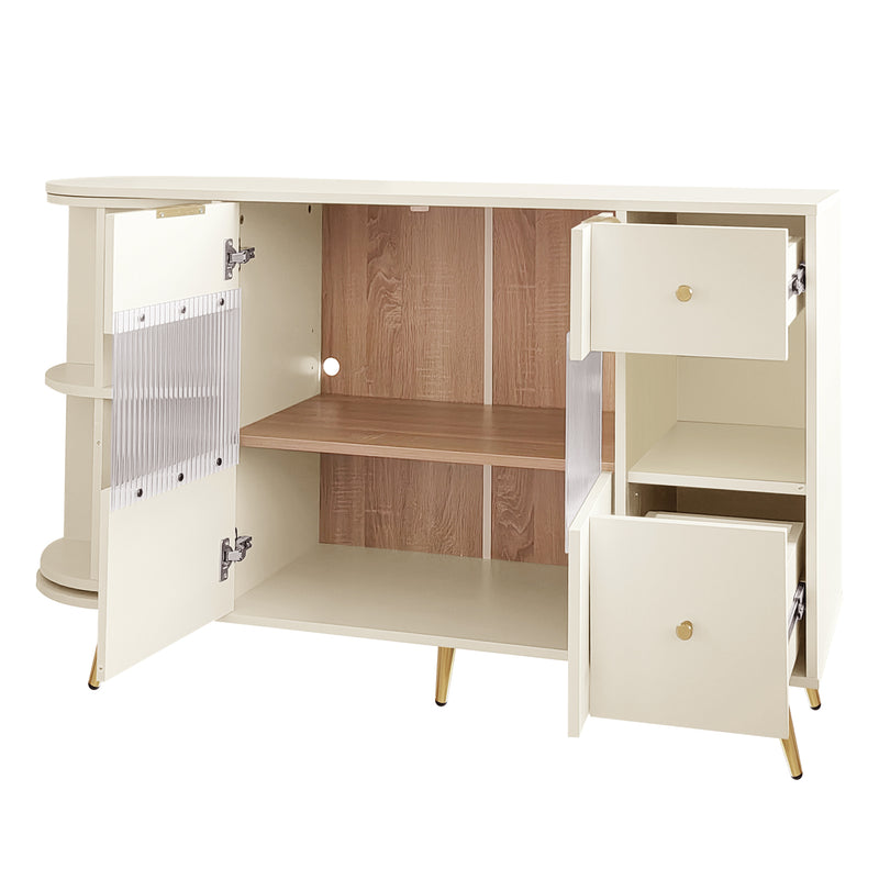 Buffet armoires de rangement blanc cassé avec 2 portes battantes en verre éclairage LED poignets et pieds dorés RIPHRENS BEIGE