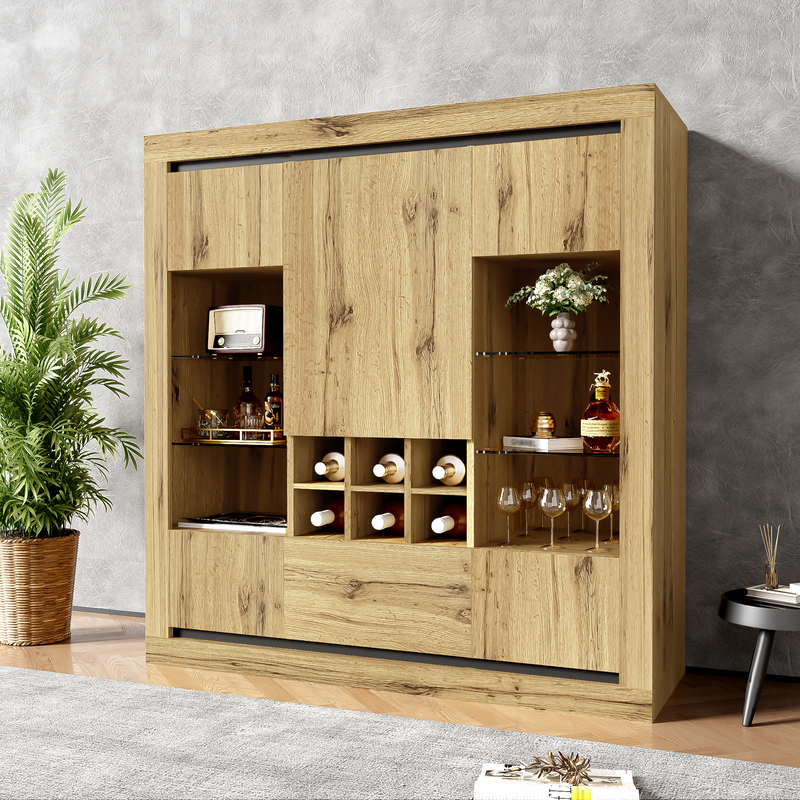 Buffet grand effet bois éclairage LED, étagères en verre réglables, tiroirs et casier à vin TUULZED