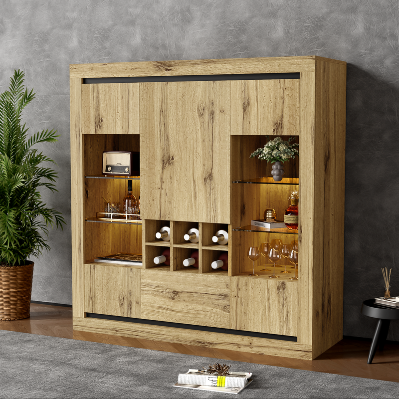 Buffet grand effet bois éclairage LED, étagères en verre réglables, tiroirs et casier à vin TUULZED