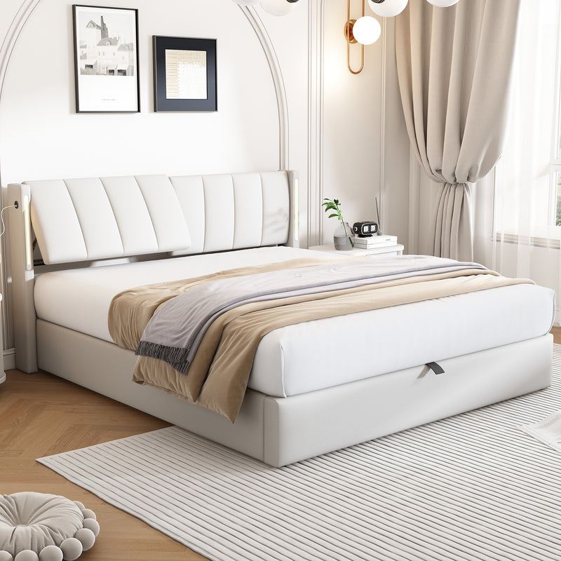 Lit coffre double PU blanc avec éclairage LED, USB et tête de lit réglable (140x200 cm) UDET WHITE DOUBLE