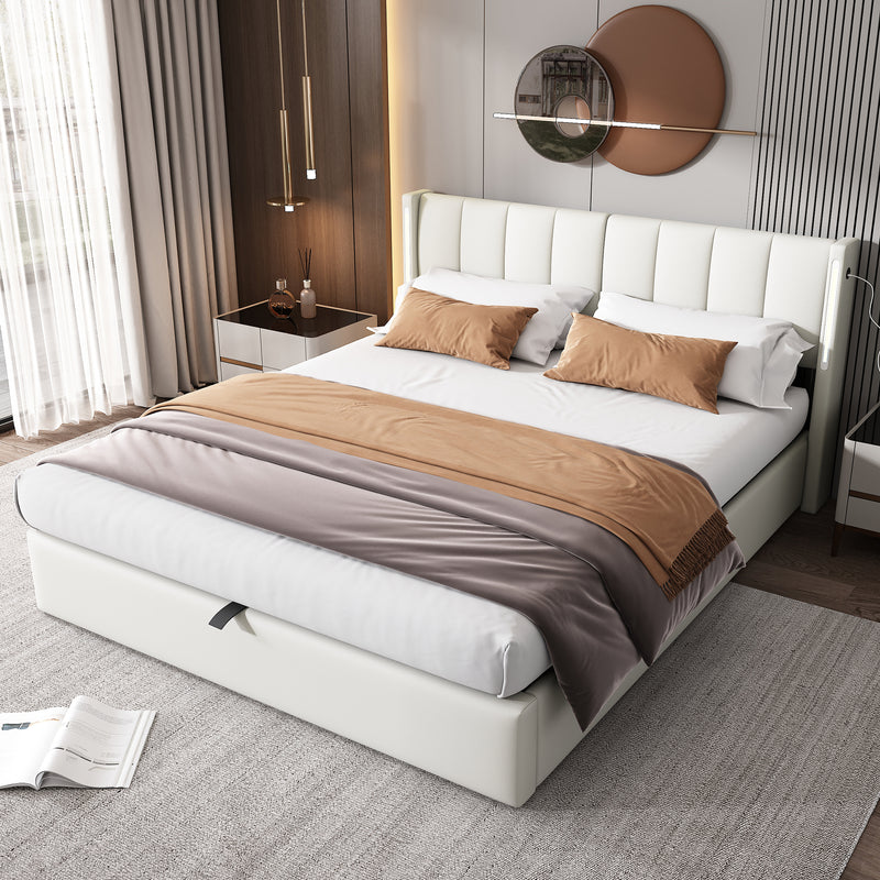 Lit coffre double PU blanc avec éclairage LED, USB et tête de lit réglable (140x200 cm) UDET WHITE DOUBLE