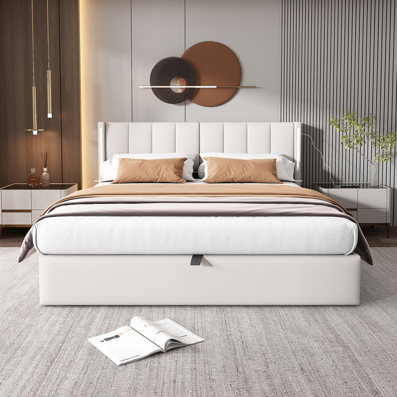 Lit coffre double PU blanc avec éclairage LED, USB et tête de lit réglable (140x200 cm) UDET WHITE DOUBLE