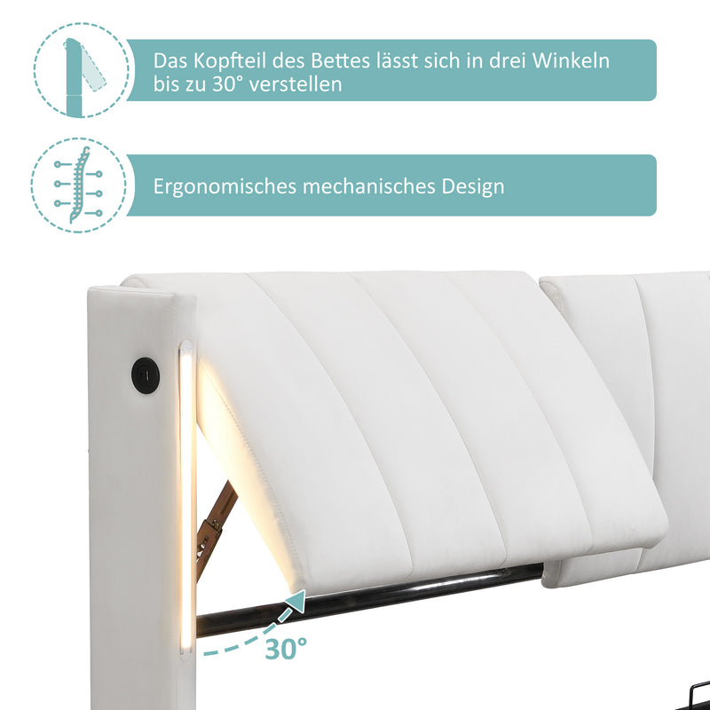 Lit coffre double PU blanc avec éclairage LED, USB et tête de lit réglable (140x200 cm) UDET WHITE DOUBLE
