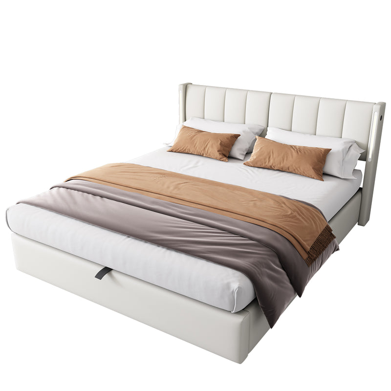 Lit coffre double PU blanc avec éclairage LED, USB et tête de lit réglable (140x200 cm) UDET WHITE DOUBLE