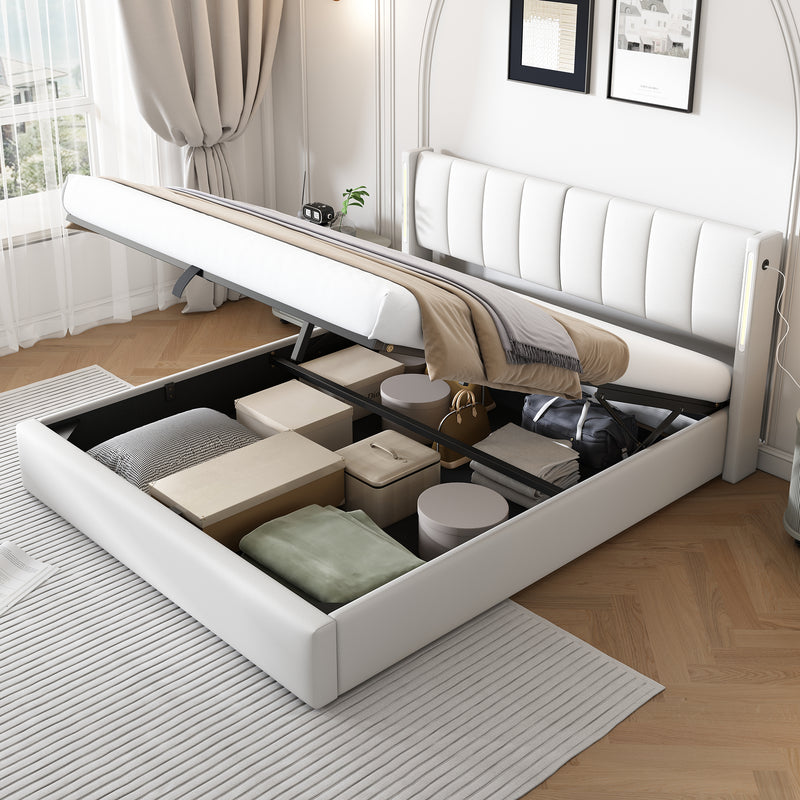 Lit coffre double PU blanc avec éclairage LED, USB et tête de lit réglable (140x200 cm) UDET WHITE DOUBLE
