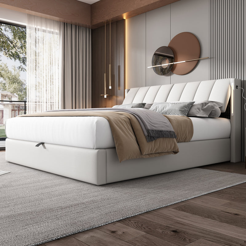 Lit coffre double PU blanc avec éclairage LED, USB et tête de lit réglable (140x200 cm) UDET WHITE DOUBLE