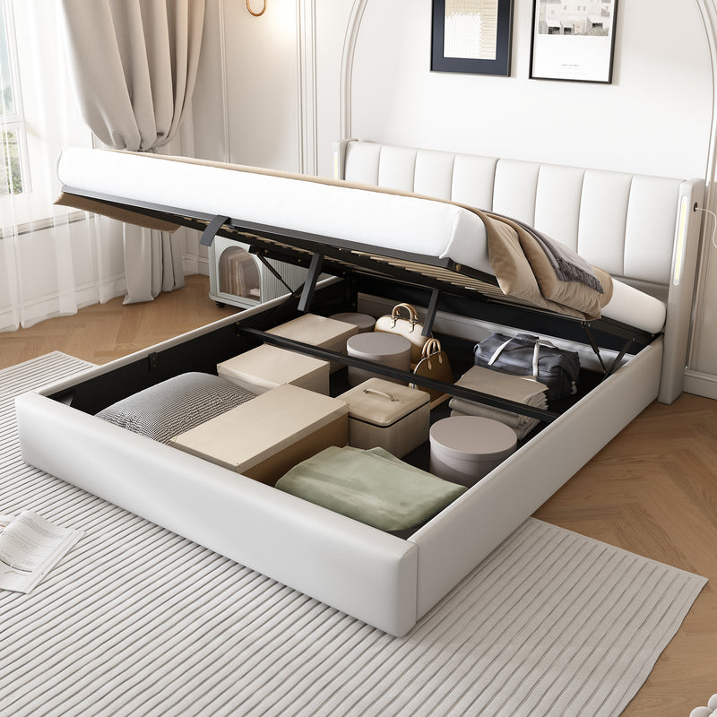 Lit coffre double PU blanc avec éclairage LED, USB et tête de lit réglable (140x200 cm) UDET WHITE DOUBLE