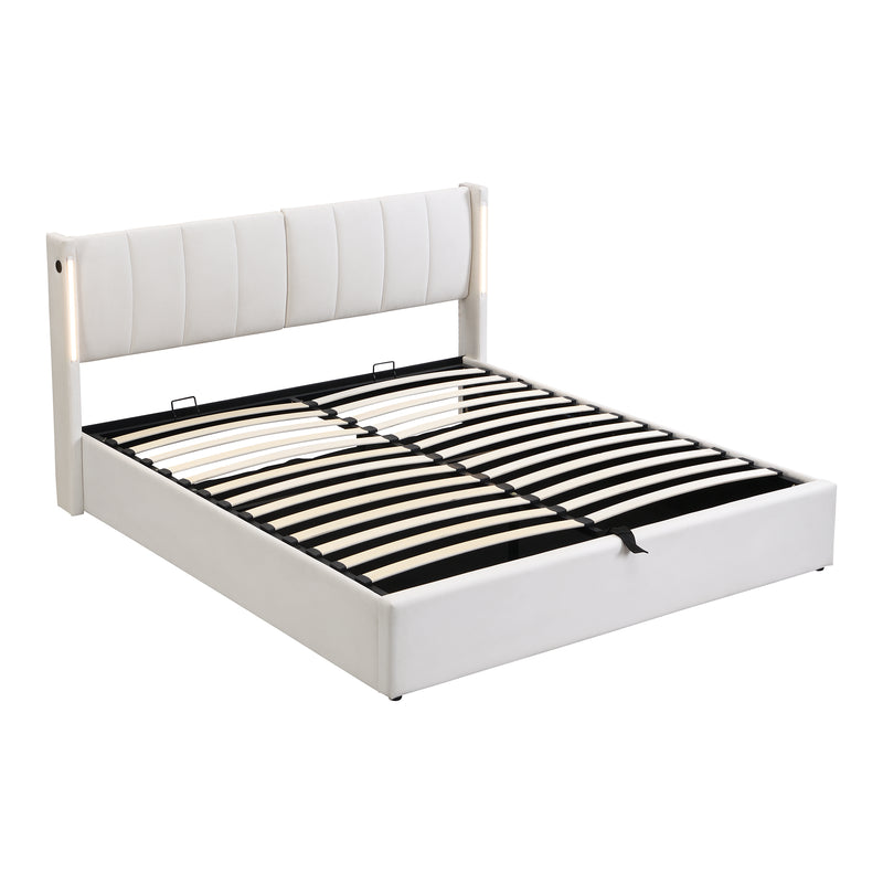 Lit coffre double PU blanc avec éclairage LED, USB et tête de lit réglable (140x200 cm) UDET WHITE DOUBLE