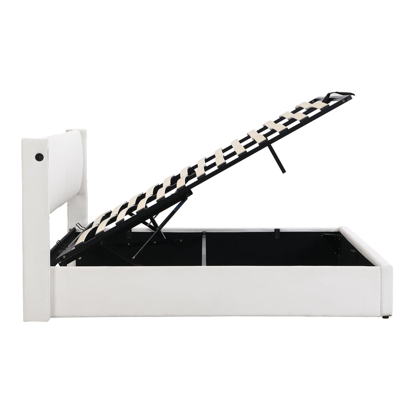 Lit coffre double PU blanc avec éclairage LED, USB et tête de lit réglable (140x200 cm) UDET WHITE DOUBLE