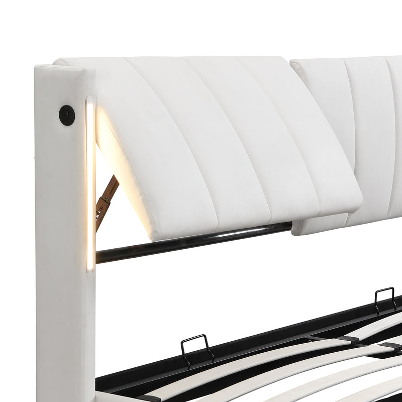 Lit coffre double PU blanc avec éclairage LED, USB et tête de lit réglable (140x200 cm) UDET WHITE DOUBLE