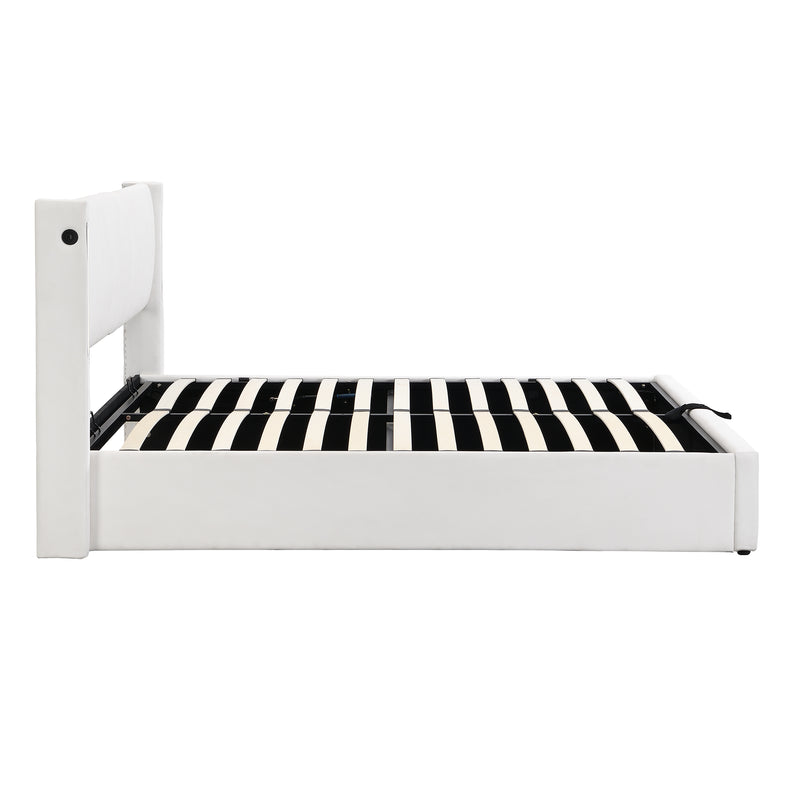 Lit coffre double PU blanc avec éclairage LED, USB et tête de lit réglable (140x200 cm) UDET WHITE DOUBLE
