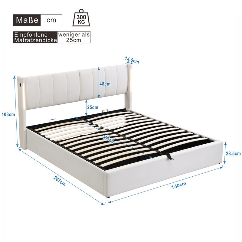 Lit coffre double PU blanc avec éclairage LED, USB et tête de lit réglable (140x200 cm) UDET WHITE DOUBLE