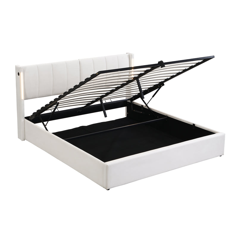 Lit coffre double PU blanc avec éclairage LED, USB et tête de lit réglable (140x200 cm) UDET WHITE DOUBLE