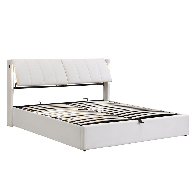 Lit coffre double PU blanc avec éclairage LED, USB et tête de lit réglable (140x200 cm) UDET WHITE DOUBLE