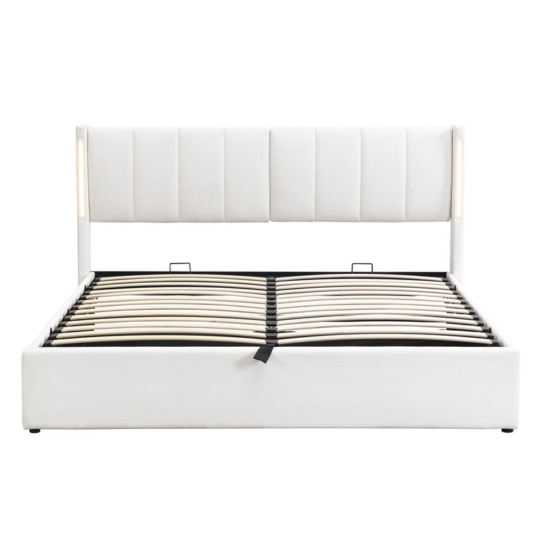 Lit coffre double PU blanc avec éclairage LED, USB et tête de lit réglable (140x200 cm) UDET WHITE DOUBLE
