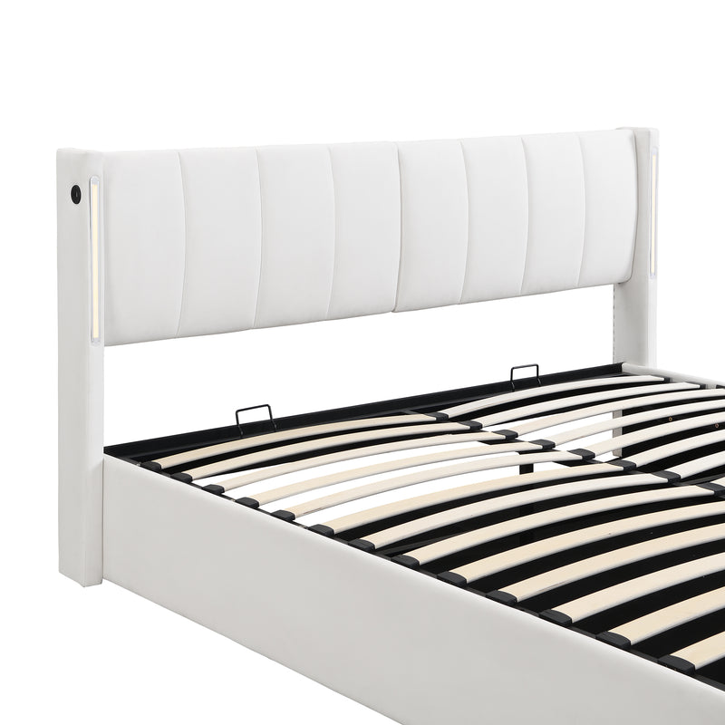 Lit coffre double PU blanc avec éclairage LED, USB et tête de lit réglable (140x200 cm) UDET WHITE DOUBLE