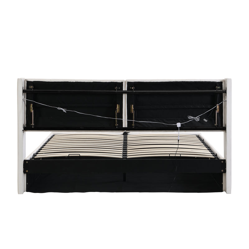 Lit coffre double PU blanc avec éclairage LED, USB et tête de lit réglable (140x200 cm) UDET WHITE DOUBLE