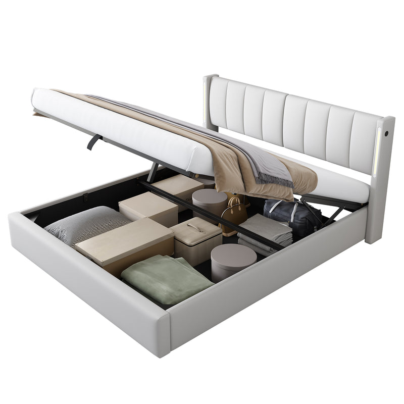 Lit coffre double PU blanc avec éclairage LED, USB et tête de lit réglable (140x200 cm) UDET WHITE SUPER KING