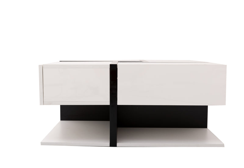 Table basse carrée moderne blanc brillante & noir avec tiroirs UMADS
