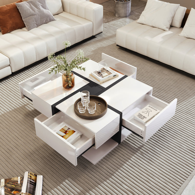 Table basse carrée moderne blanc brillante & noir avec tiroirs UMADS