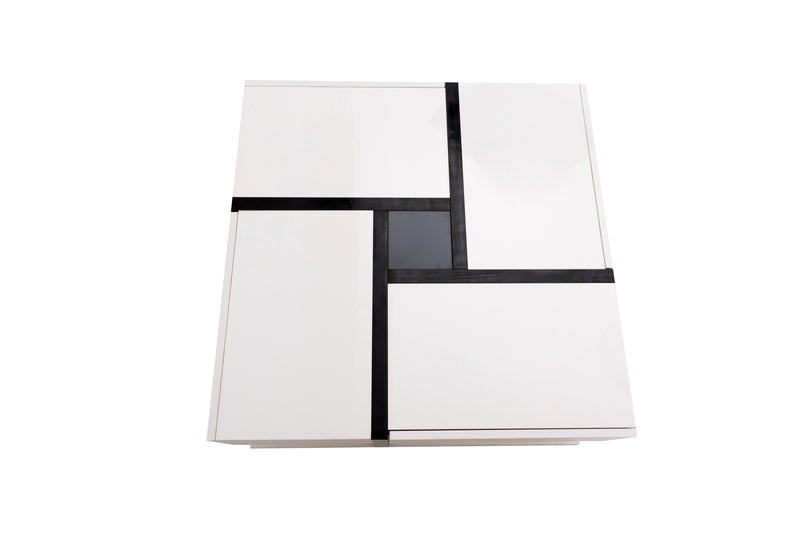 Table basse carrée moderne blanc brillante & noir avec tiroirs UMADS