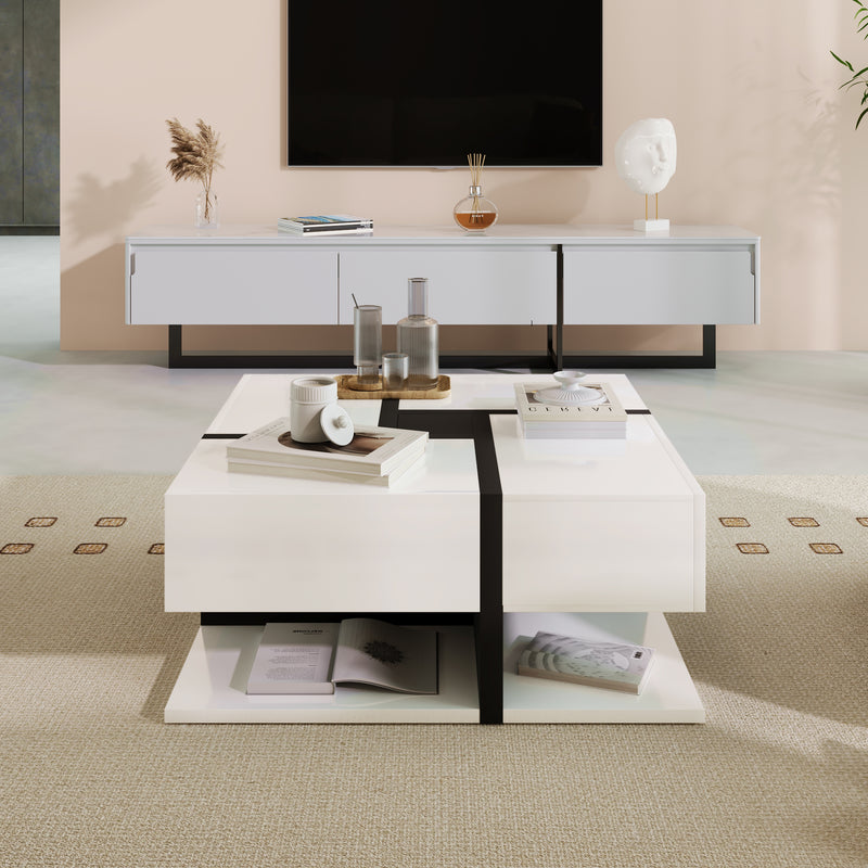 Table basse carrée moderne blanc brillante & noir avec tiroirs UMADS