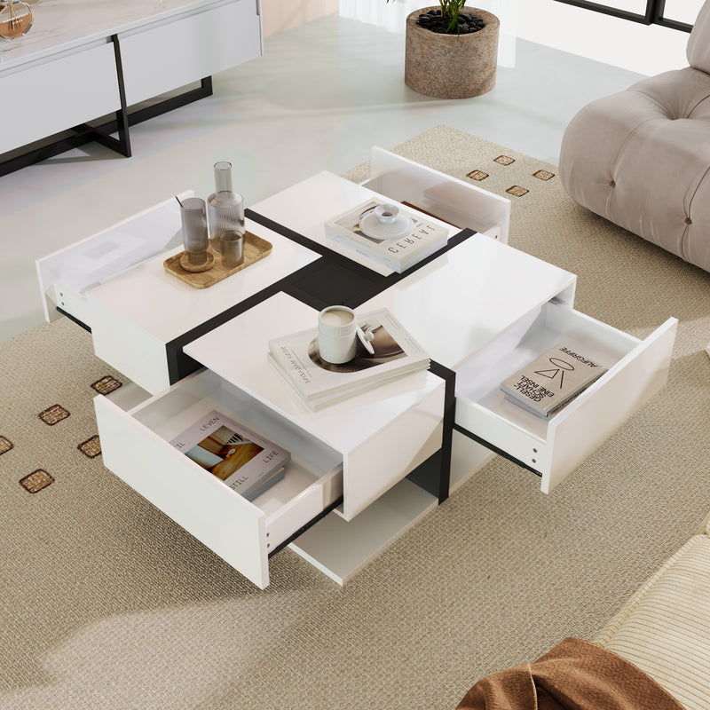 Table basse carrée moderne blanc brillante & noir avec tiroirs UMADS