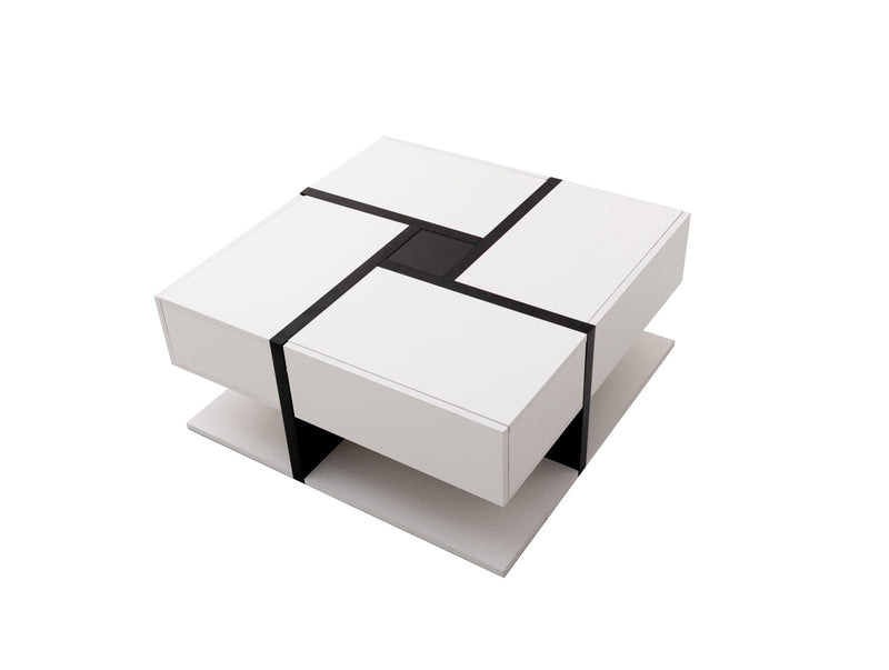 Table basse carrée moderne blanc brillante & noir avec tiroirs UMADS