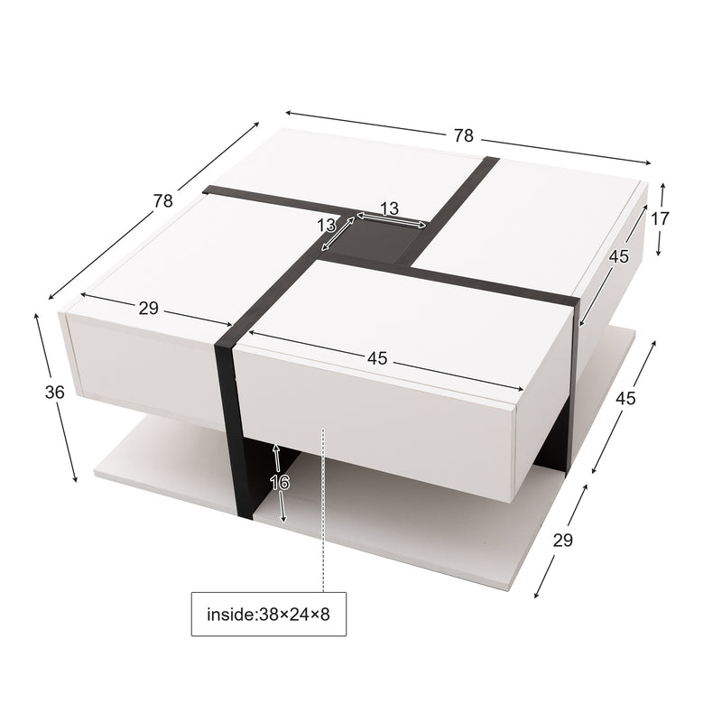 Table basse carrée moderne blanc brillante & noir avec tiroirs UMADS