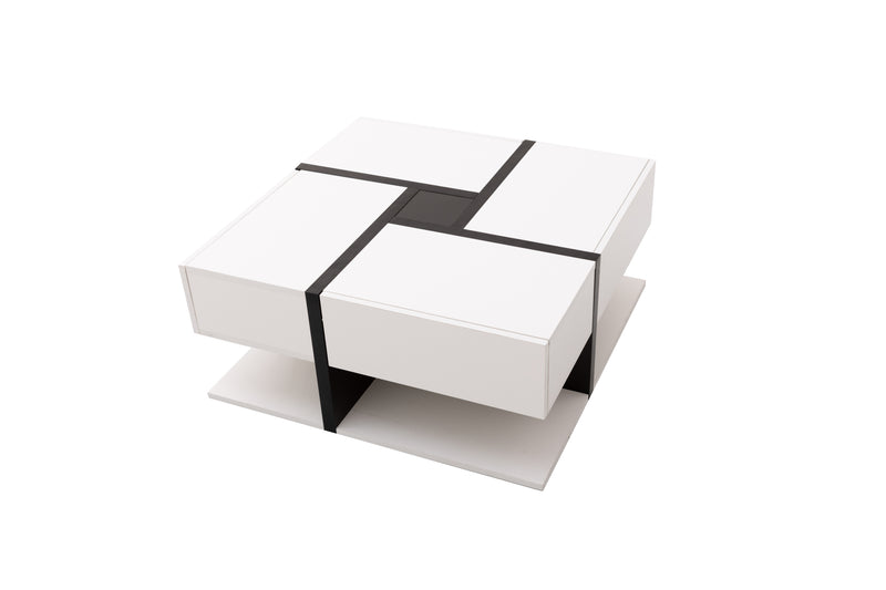 Table basse carrée moderne blanc brillante & noir avec tiroirs UMADS