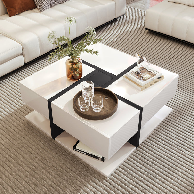 Table basse carrée moderne blanc brillante & noir avec tiroirs UMADS