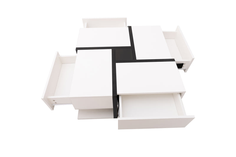 Table basse carrée moderne blanc brillante & noir avec tiroirs UMADS