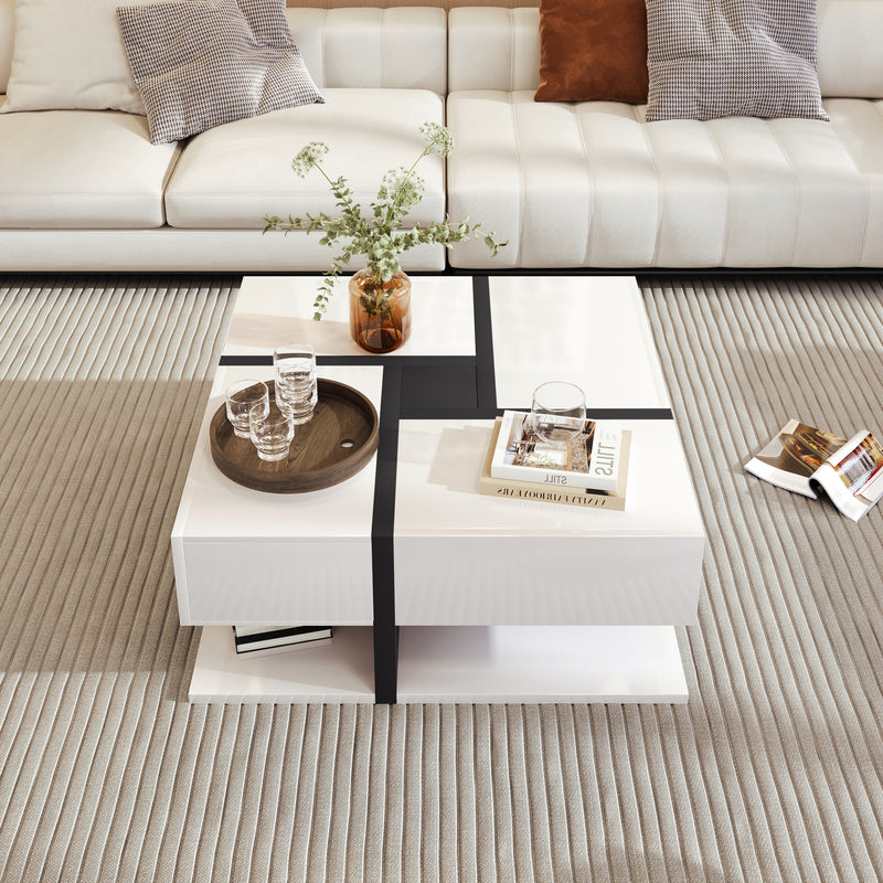 Table basse carrée moderne blanc brillante & noir avec tiroirs UMADS